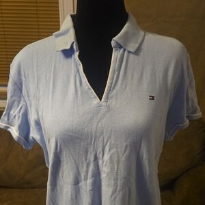 Womens Tommy Hilfiger Light Blue V-Neck Short Sleeve Polo Size XL